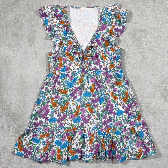 Roller Rabbit Blomst Ondika Dress Womens XL Floral Ruffle V Neck Smocked Mini - Picture 2 of 9